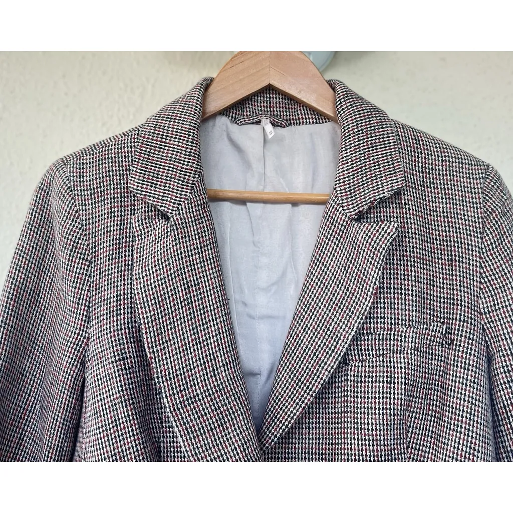 Free People Chess Houndstooth Checked Linen Blazer Jacket Academia Prep Office - Image 4