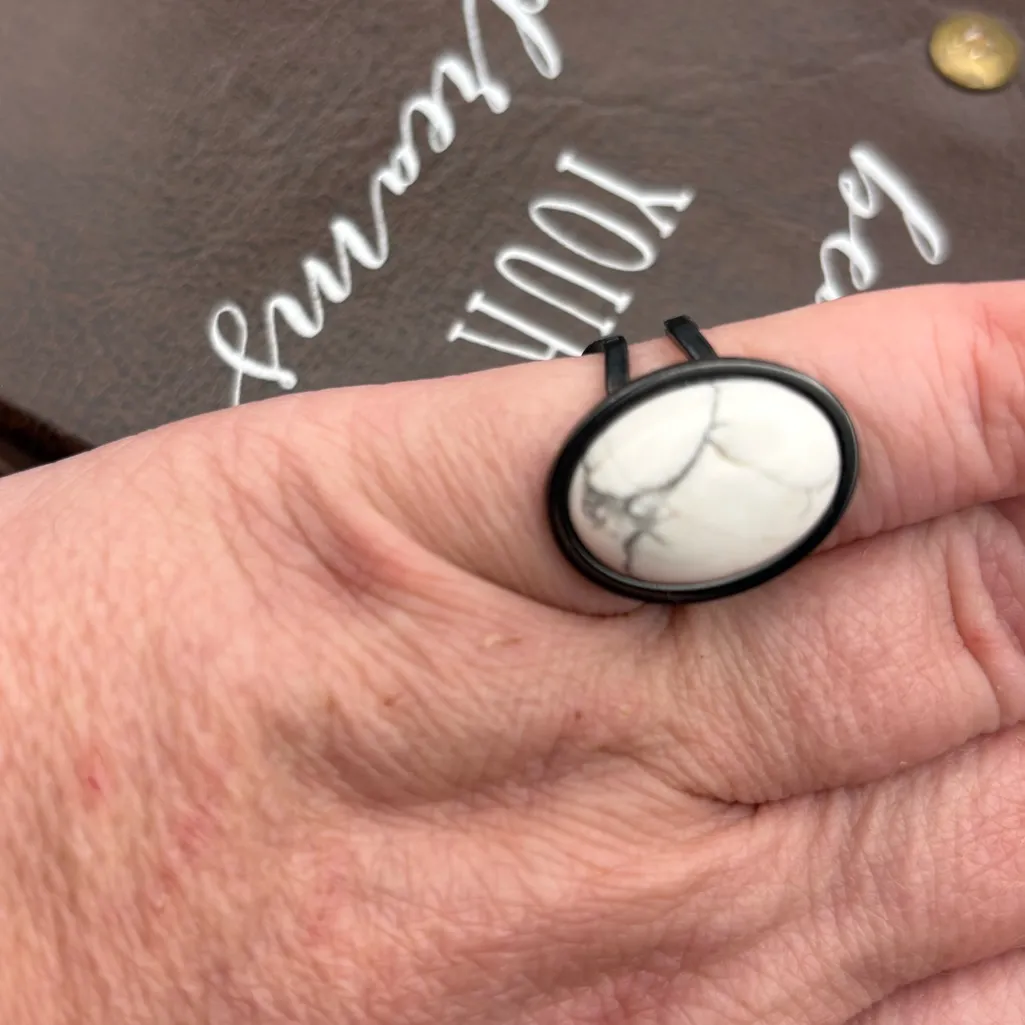 Handmade Howlite Stone Ring on Black Stainless Steel Adjustable Band - Image 6