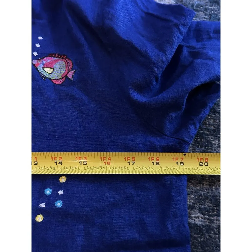 Linen Blend Button Up/Pant Set Royal Blue Embroidered Colorful Fish Size 12P VTG - Image 11
