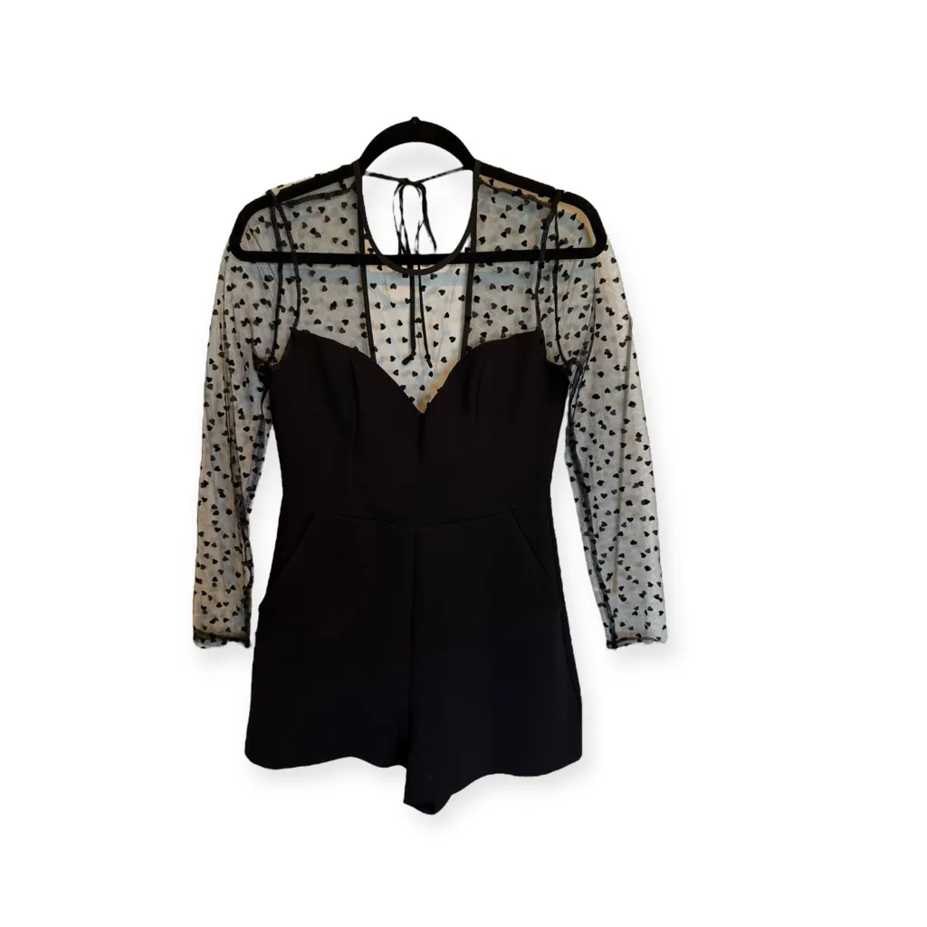 new BCBGeneration ❤︎︎ Sweetheart Flocked Tulle Panel Open Back Romper ❤︎︎ Black - Image 7