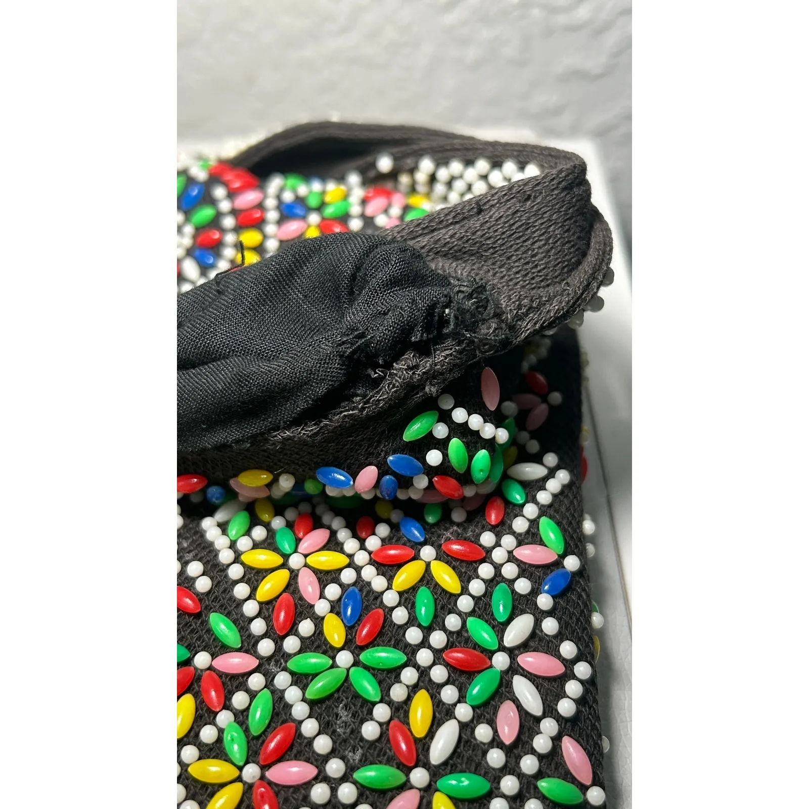 Vintage Boho Beaded Shoulder Bag Multi Color Flower 70's Fringe Festival Bag Black - Image 12