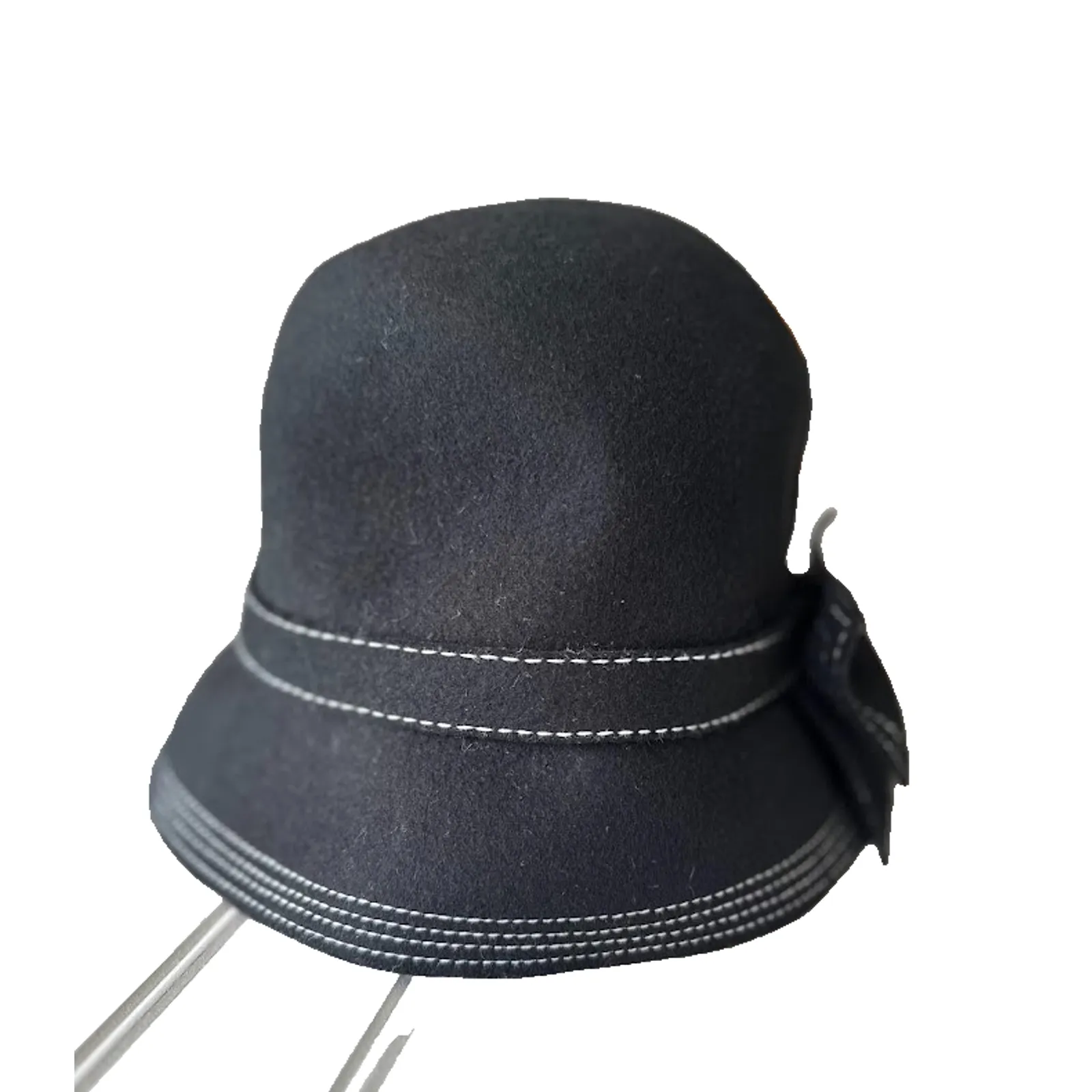 Collection Eighteen Wool Cloche Hat Black Bow Trim Retro White Embroidered Women - Image 2