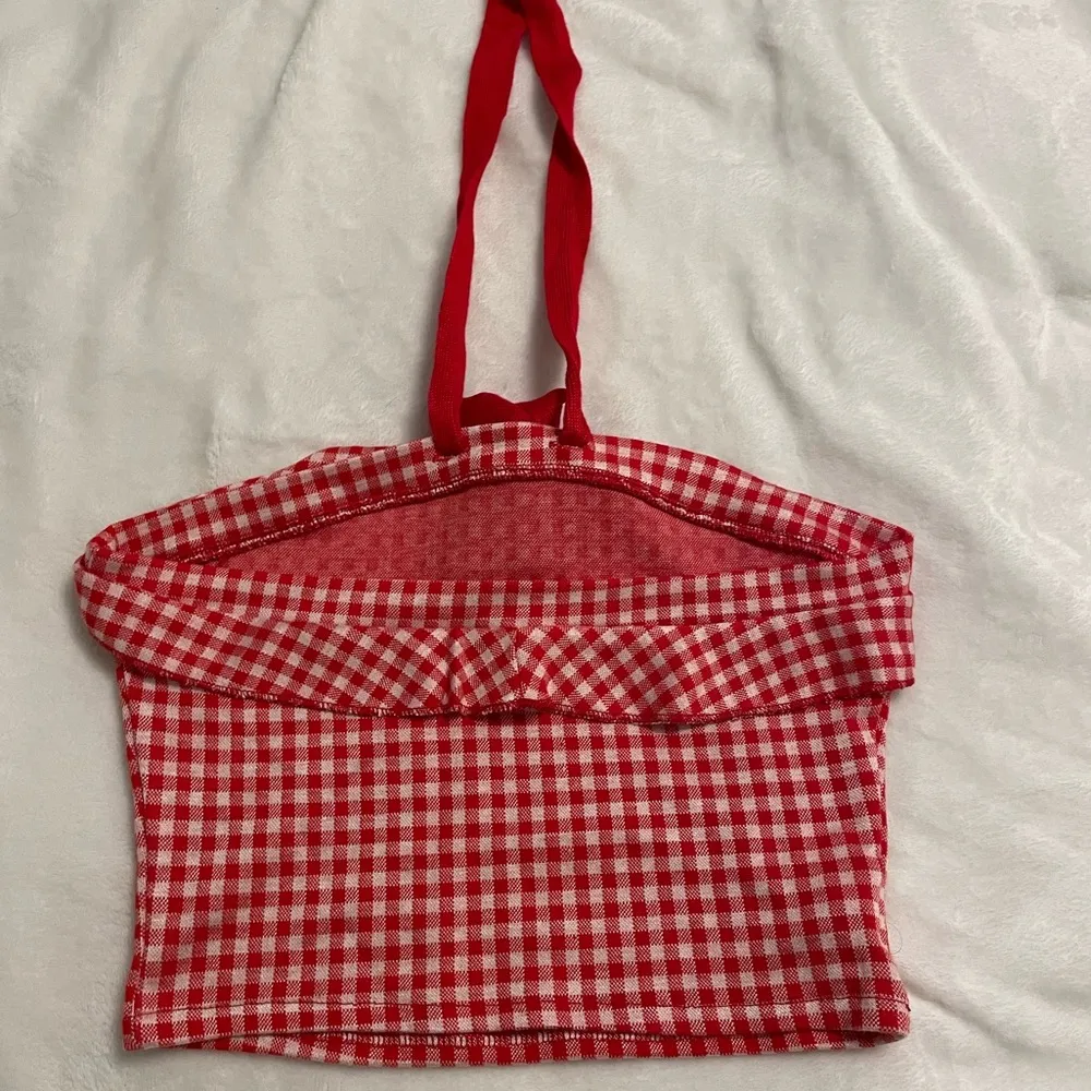 Cottagecore Farmhouse Babydoll Summer Red White Plaid Halter Ribbon Crop Top Size XS - Image 4