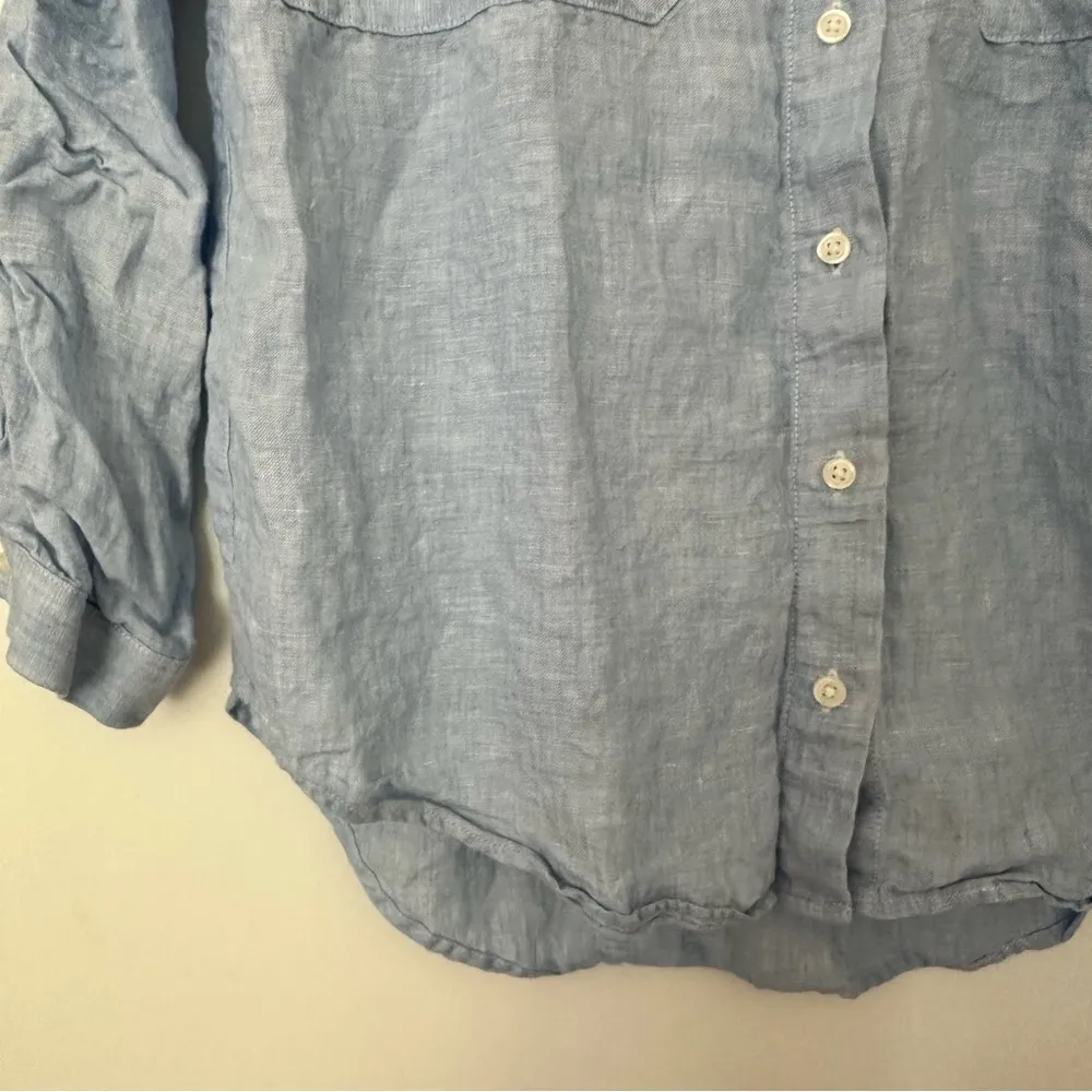 Pure Navy Chambray Linen Button Down Blouse Blue - Image 6