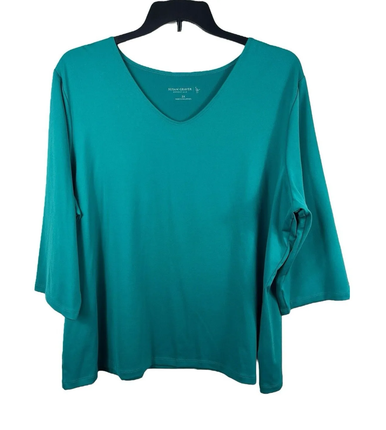Susan Graver Essentials 3X Aqua Stretchy Knit Top V-Neck 3/4 Sleeve Minimalist - Image 1