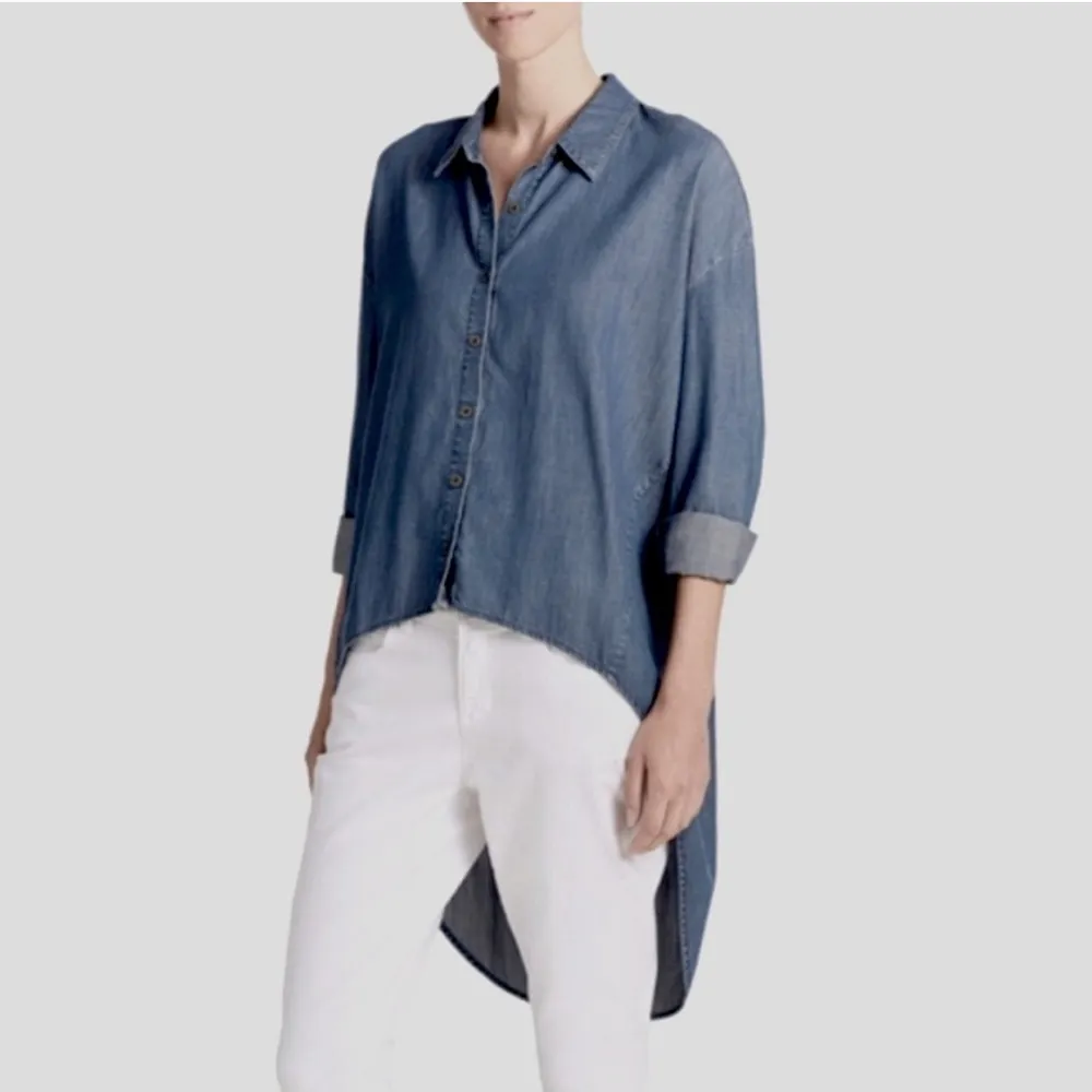 Eileen Fisher Blue Chambray Denim Asymmetrical Long Sleeve Shirt - Image 2