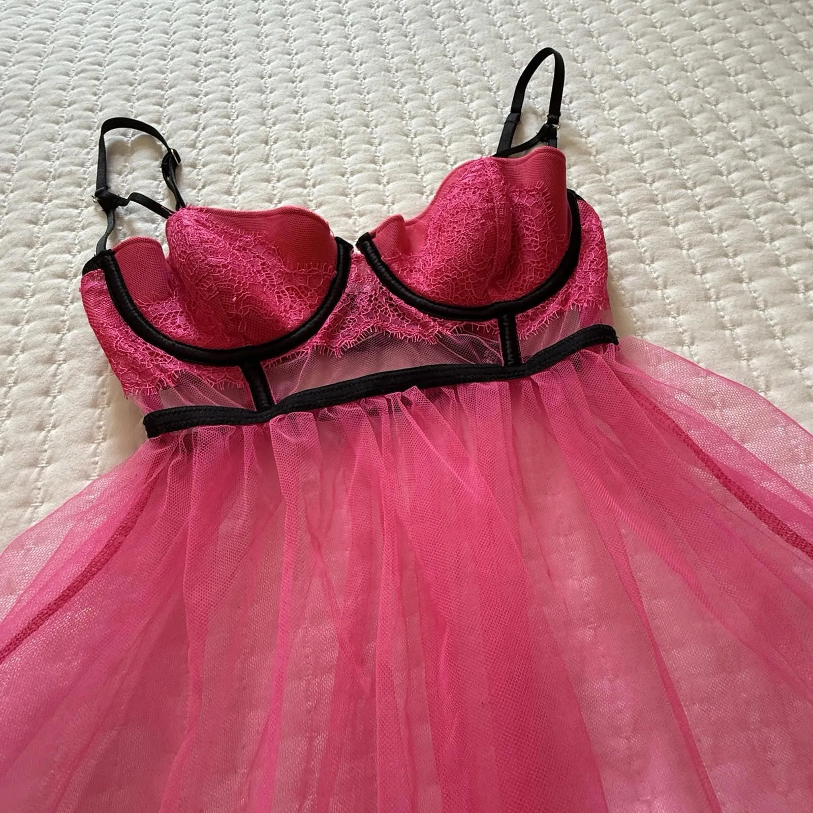 Victoria’s Secret 34B Pink Babydoll Lingerie Lace Sheer Mesh Black Trim - Image 13