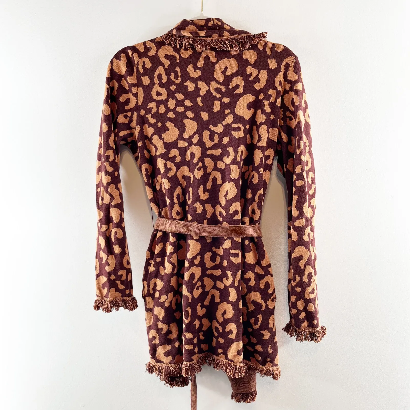 525 Belted Long Sleeve Fringe Trim Cardigan Sweater Leopard Red Brown Small - Image 4