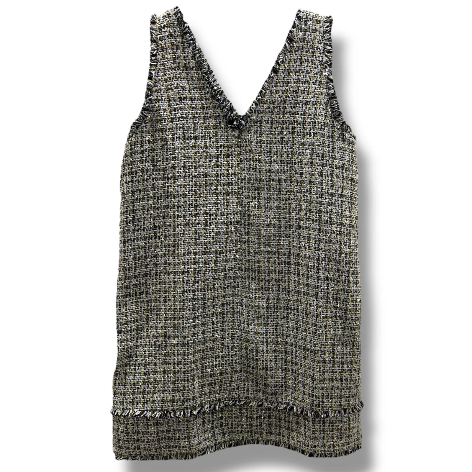 Loft Women's Metallic Fringe Tweed Double V‎ Mini Dress Navy Blue Gold White 12 - Image 4