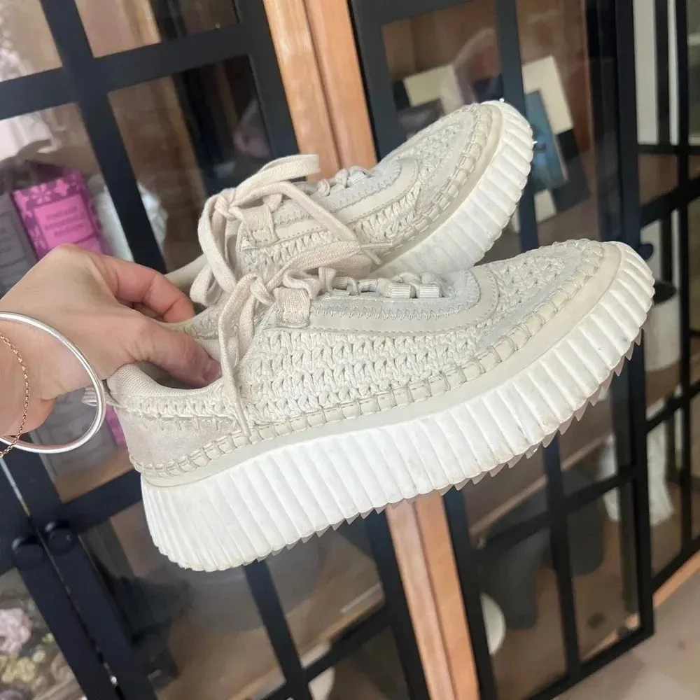 Dolce Vita Dolen Knit Platform Sneakers sandstone crochet lace up beige Tan Size 6 - Image 2