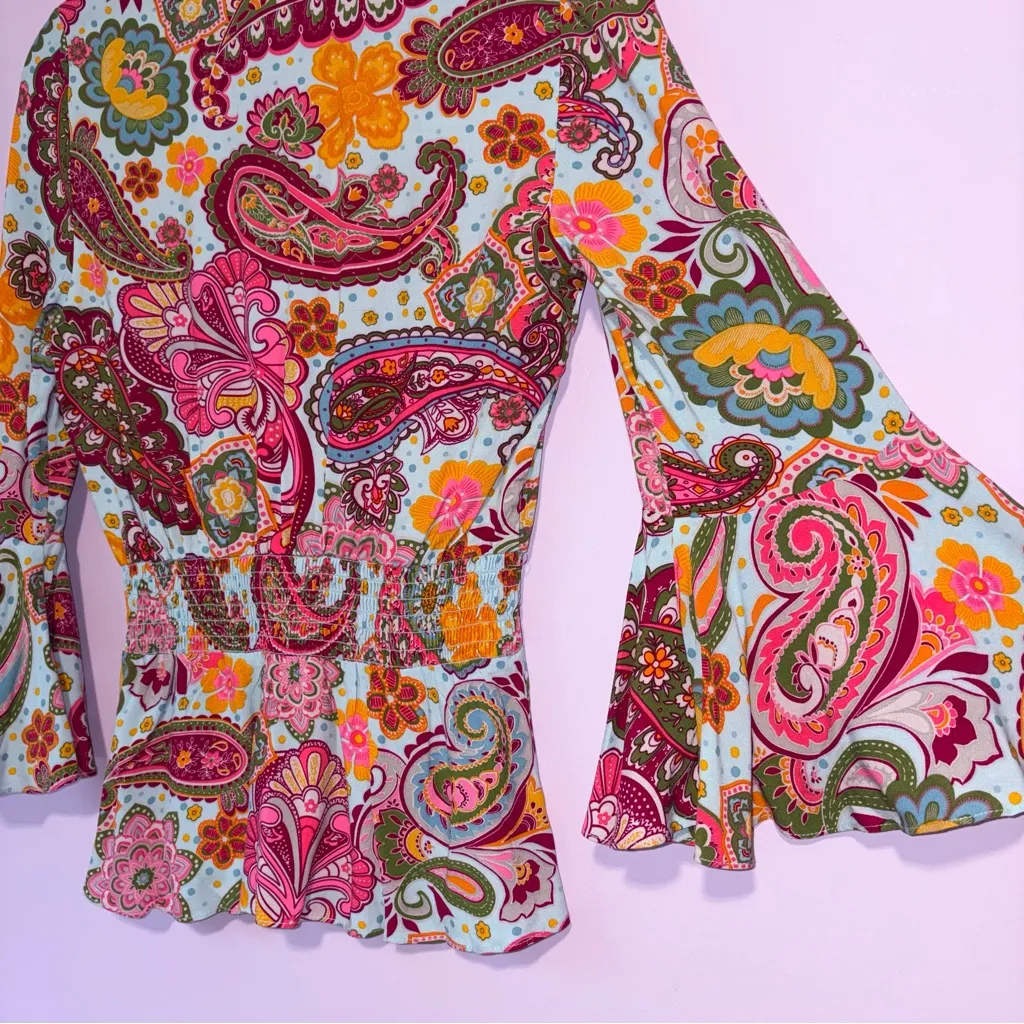 1 State Maximalism Bell Sleeve Peplum Blouse Top Women XS Boho Preppy Casual - Image 8