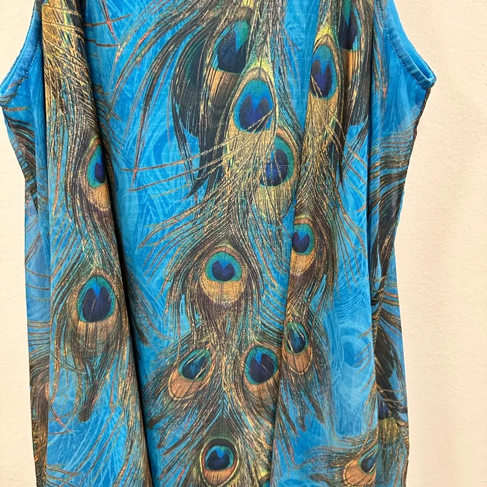 indigo soul dress! peacock feather print blue beach cover women’s size medium! - Image 2