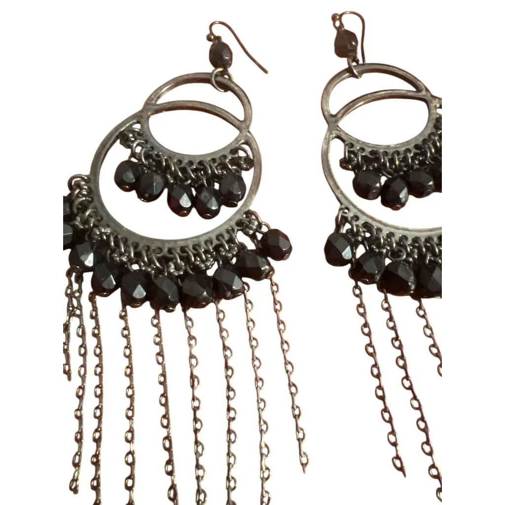 Black Gunmetal Chandelier Dangle Earrings Faceted Beads Fringe Chain Drops 5.5" - Image 4