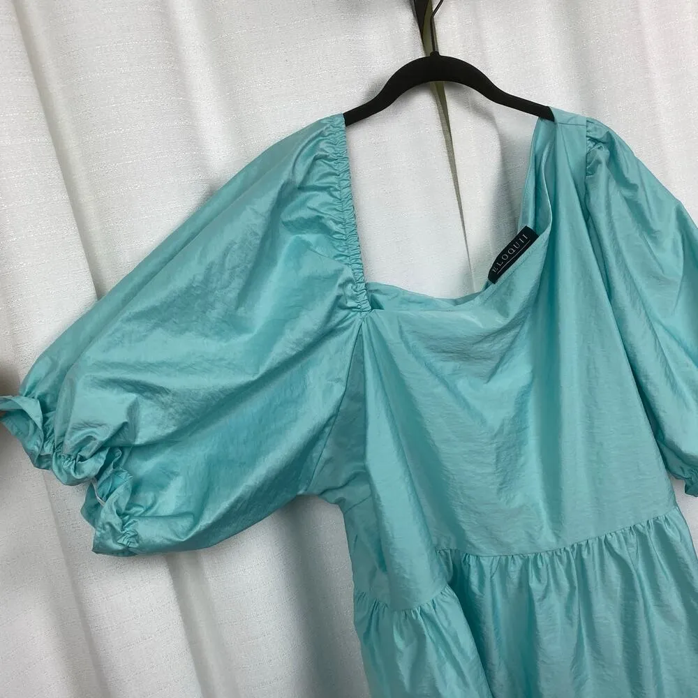 Eloquii Teal Puff Sleeve Asymmetrical Neckline Tiered Trapeze Mini Dress Sz.24W - Image 8