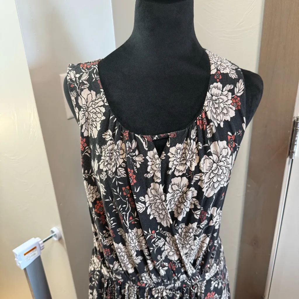 Garnet Hill Dark Floral Sleeveless Maxi Dress Cinch Waist Faux‎ Wrap Top Scoop L - Image 4