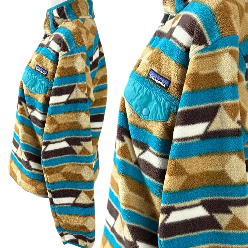 Patagonia Synchilla Snap T Fleece Guatemalan Tango Bear Brown Aztec Print Small - Image 3