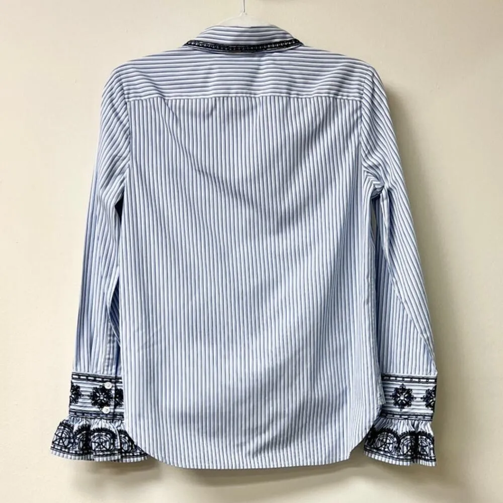 Tory Burch Pinstripe Embroidered Bell Sleeve Button Up Shirt Blue/White Size 2 - Image 5
