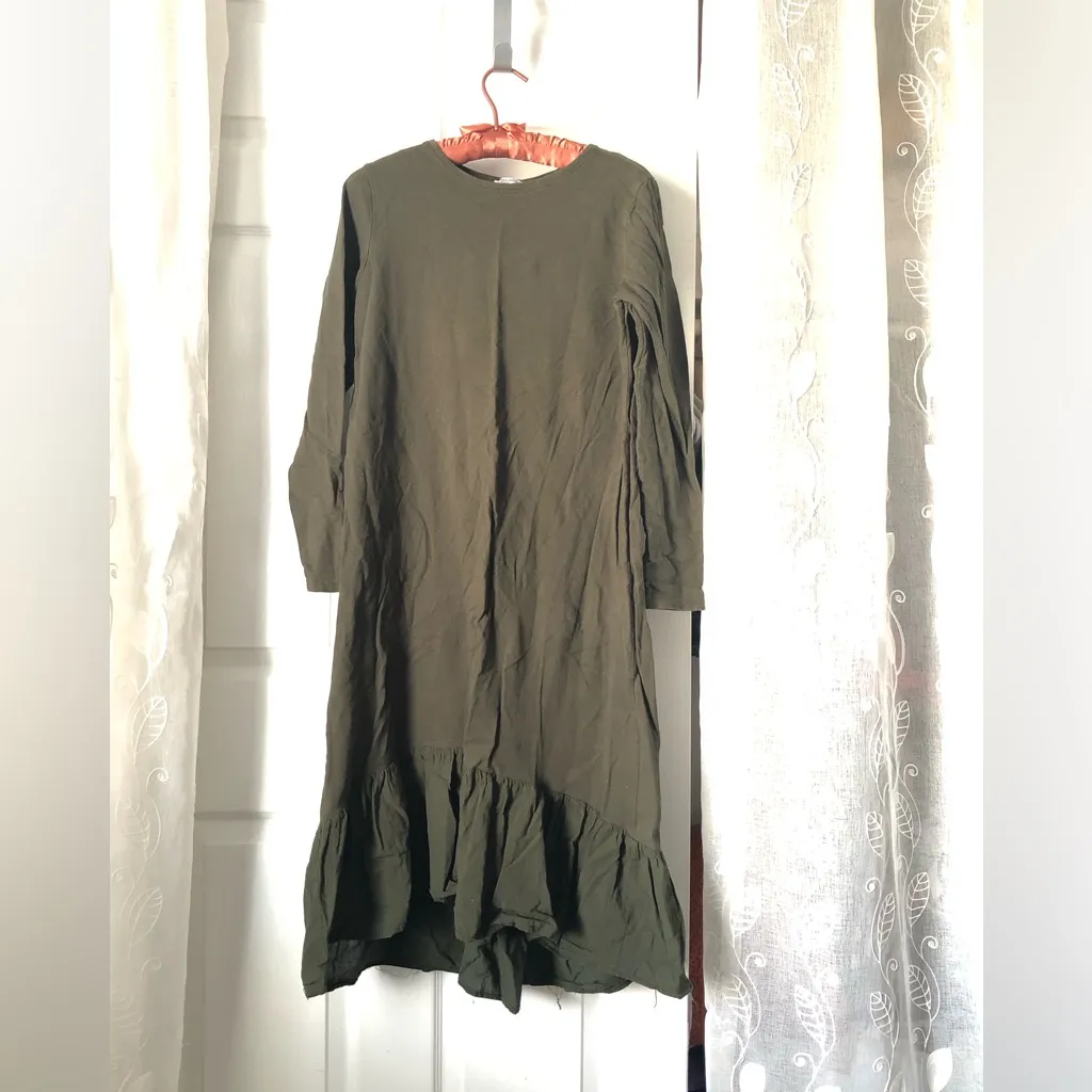 Zara Trafaluc Olive Long Sleeve tunic midi Dress ruffle trim asymmetrical sz S - Image 2