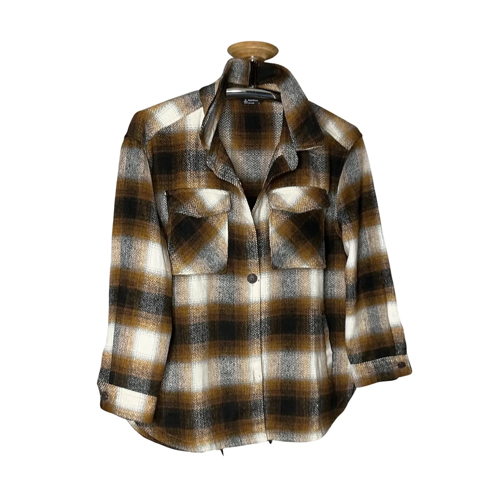 Women's Plaid Shacket Jacket XL Brown Black Button Down Long Sleeve Fall Coat - Image 3