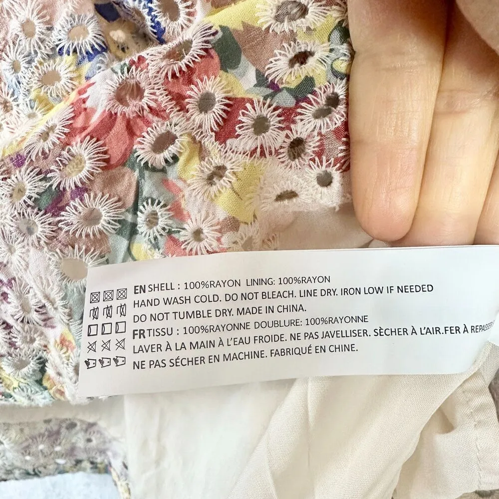 En Saison Eyelet Babydoll Mini Dress Size Small Floral Tiered Lined Puff Sleeve Pink - Image 13