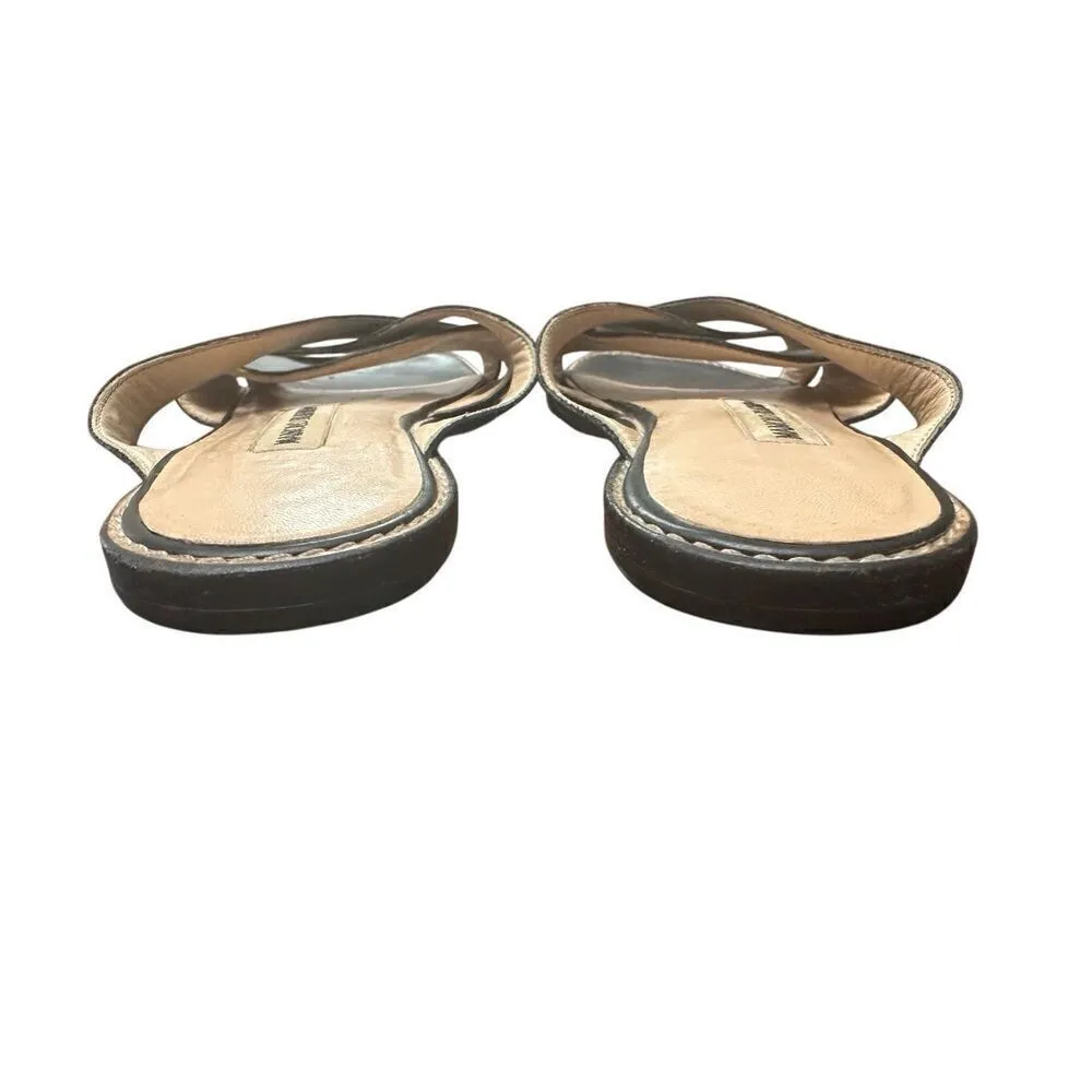 Manolo Blahnik Sandal Slide Flats Black  Leather Women's  351/2 - Image 4