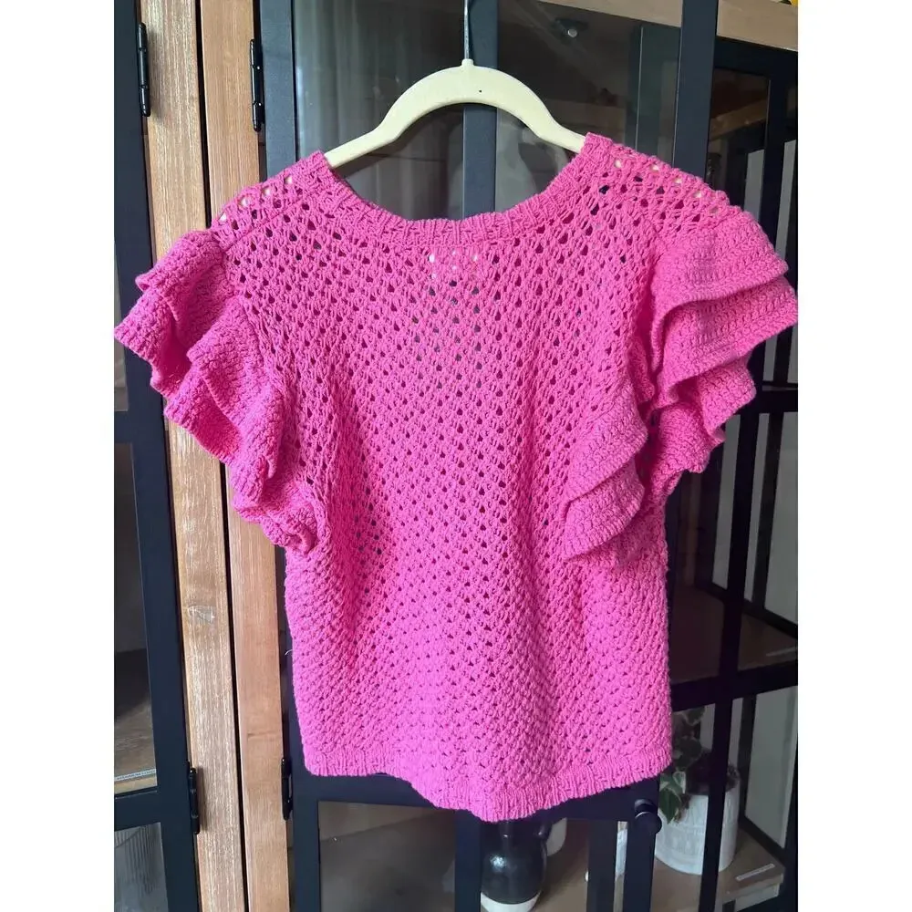 H&M crochet top Pointelle-knit blouse short flutter sleeves scalloped - Image 7