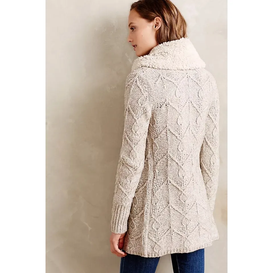 Anthropologie Sleeping on Snow S Cardigan Cable Knit Sweater Fur Collar  women - Image 2