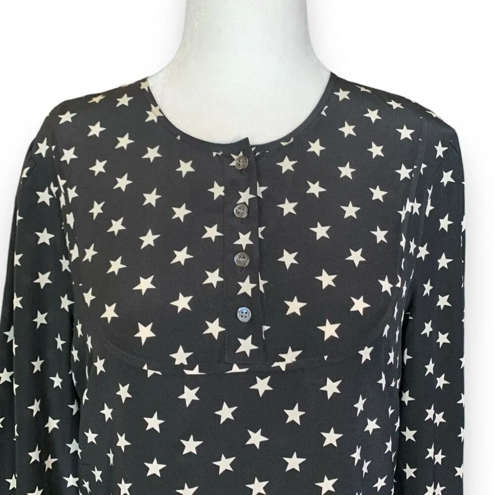 J. Crew Dress Black White Star Print Scoop Neck Long Sleeve Silk Midi Shift 4 - Image 4