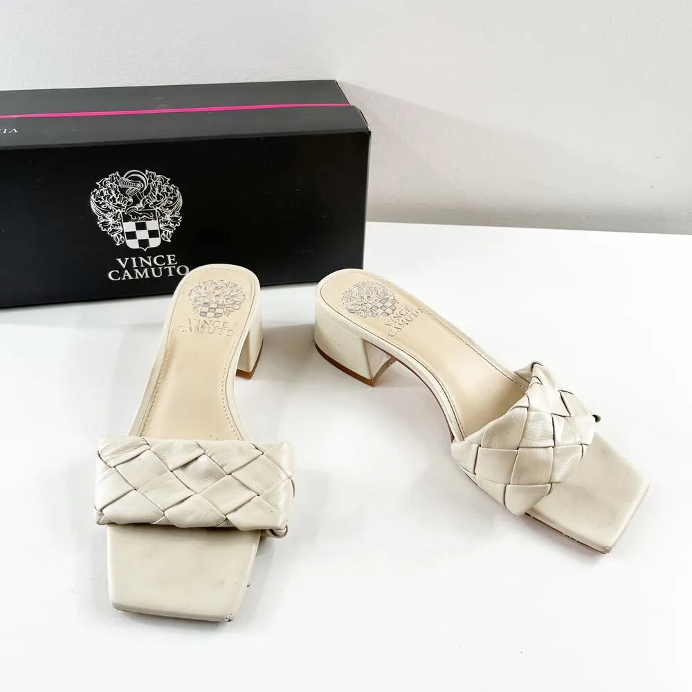 Vince Camuto Semtera Woven Block Heel Leather Slide Sandals Cream 5.5 - Image 2