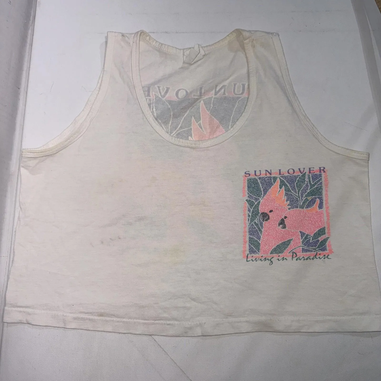 Vintage 1992 Sun Lover Flamingo Travel Cockatoo Souvenir Crop Tank Top Large White - Image 3