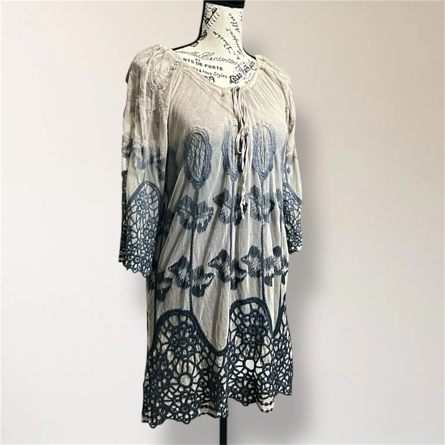 XCVI S Beige Gray Ombre Cotton Crochet Lace Embroidered‎ Mini Dress Boho Resort - Image 2