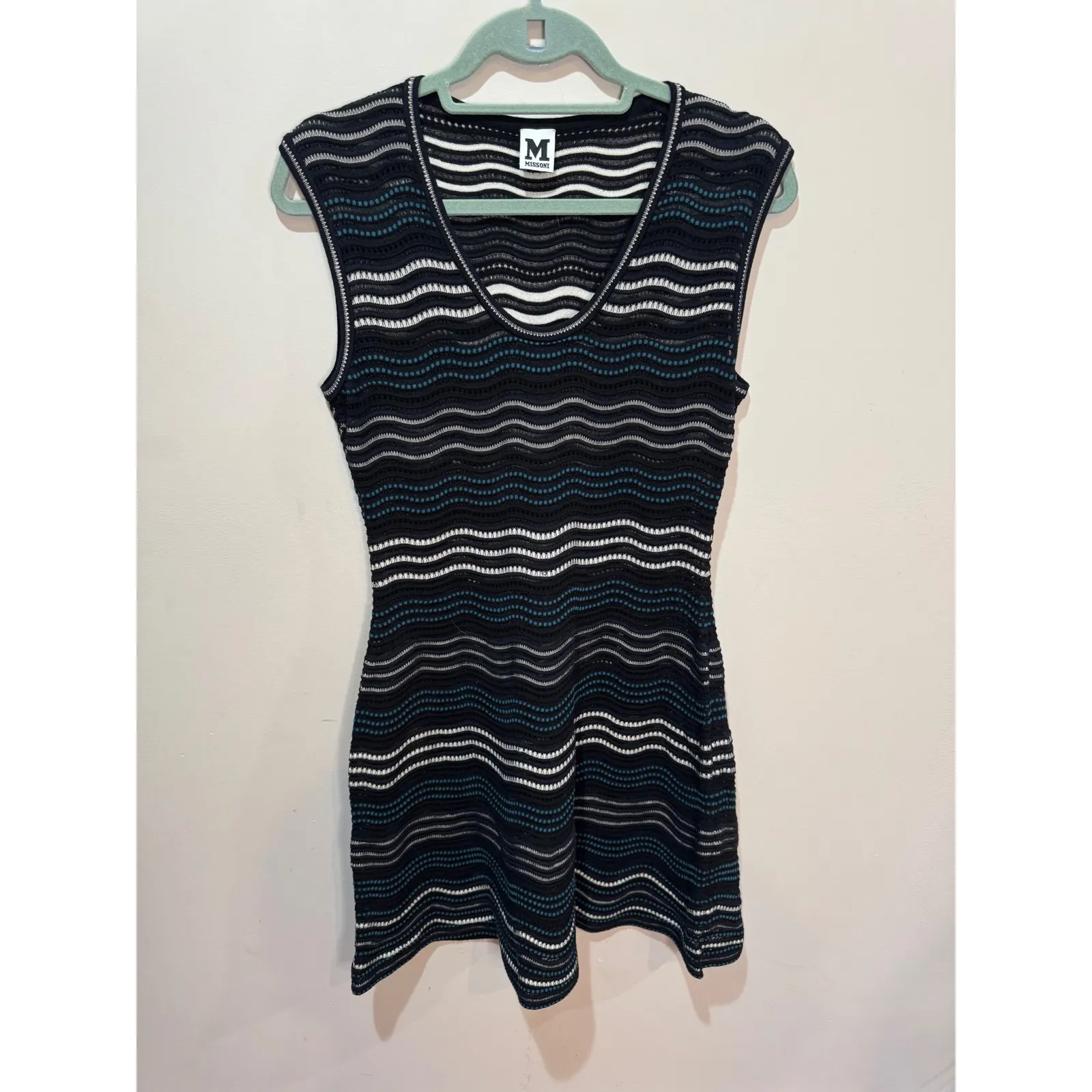 M Missoni Knit Mini Dress Wave Pattern Sleeveless Black Blue White Sz 46 (10) - Image 2