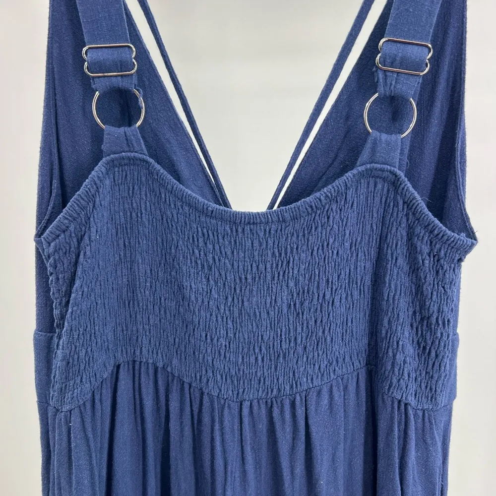 Anrabess L linen blend cropped jumpsuit romper wide leg keyhole tank navy vacay Blue Size L - Image 4