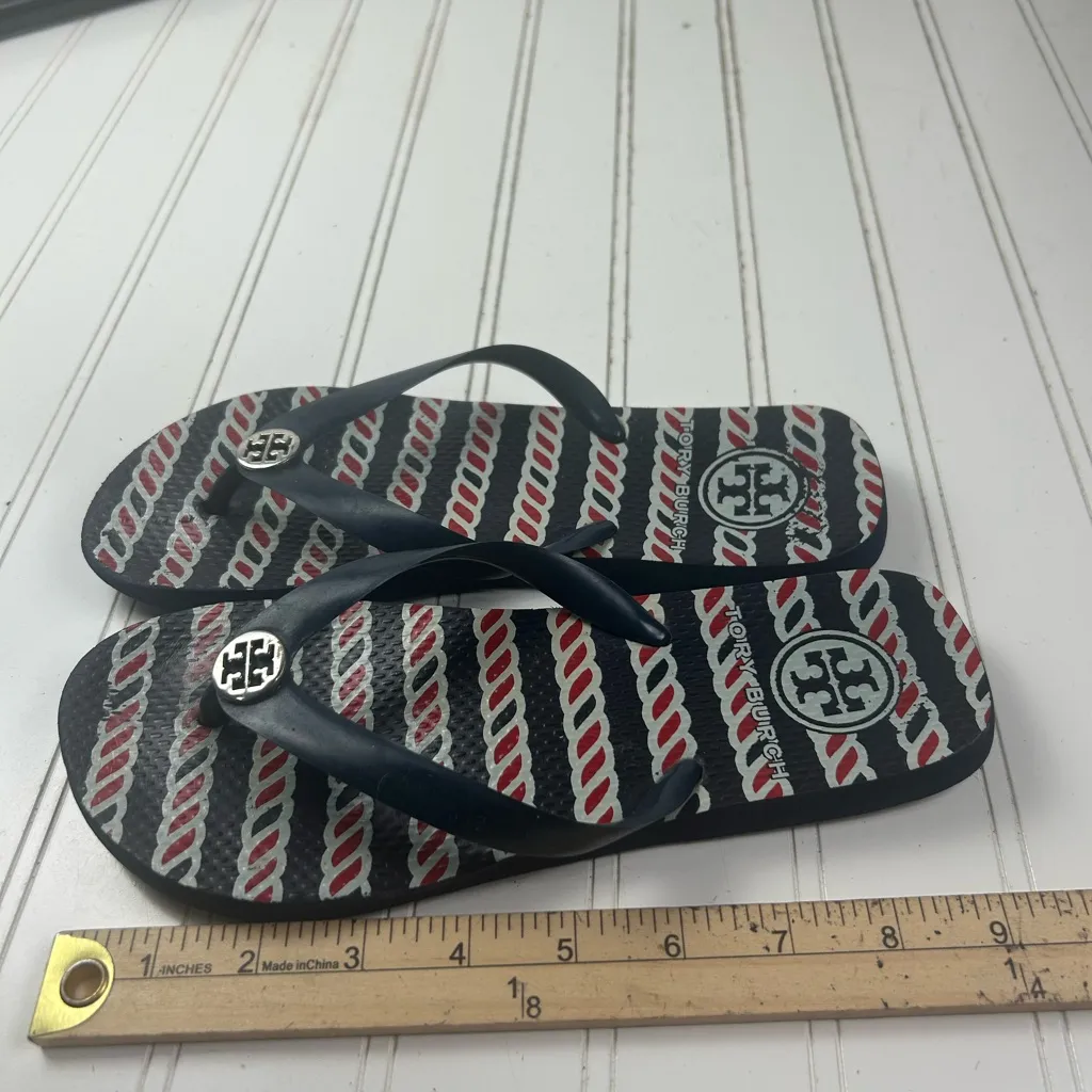 Tory Burch Rope Stripe Logo Flip Flops Navy Red White Size 7 - Image 6