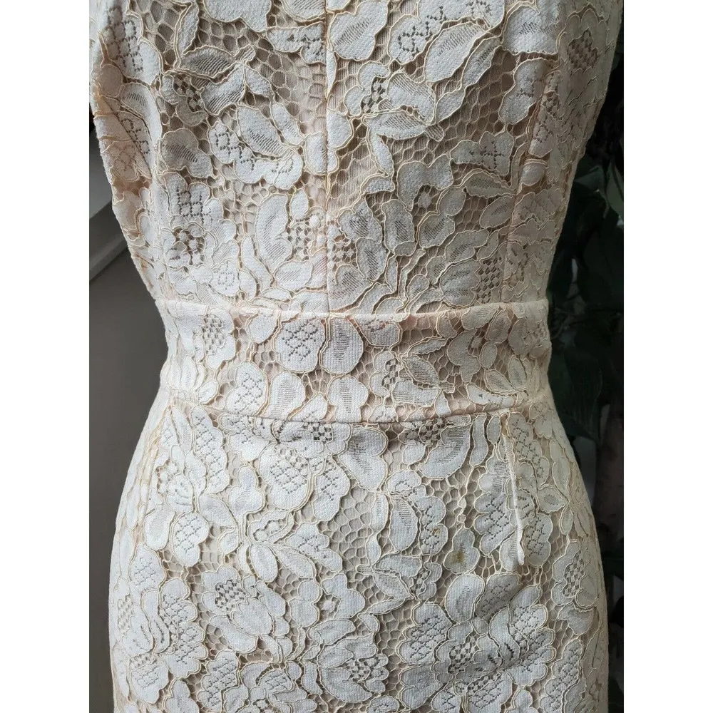 Dress Forum Ivory Lace Scalloped High Neck Midi Criss Cross Back Dress Size S - Image 4