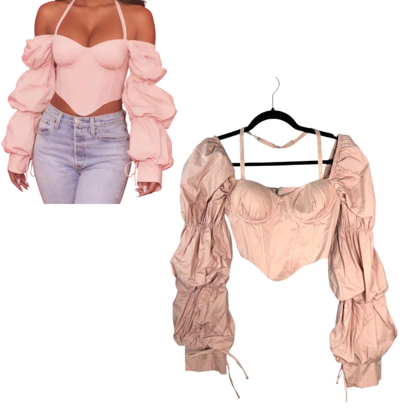 Oh Polly Blush Pink Bustier Corset Off Shoulder Long Sleeve Blouse Crop 2 NEW - Image 2