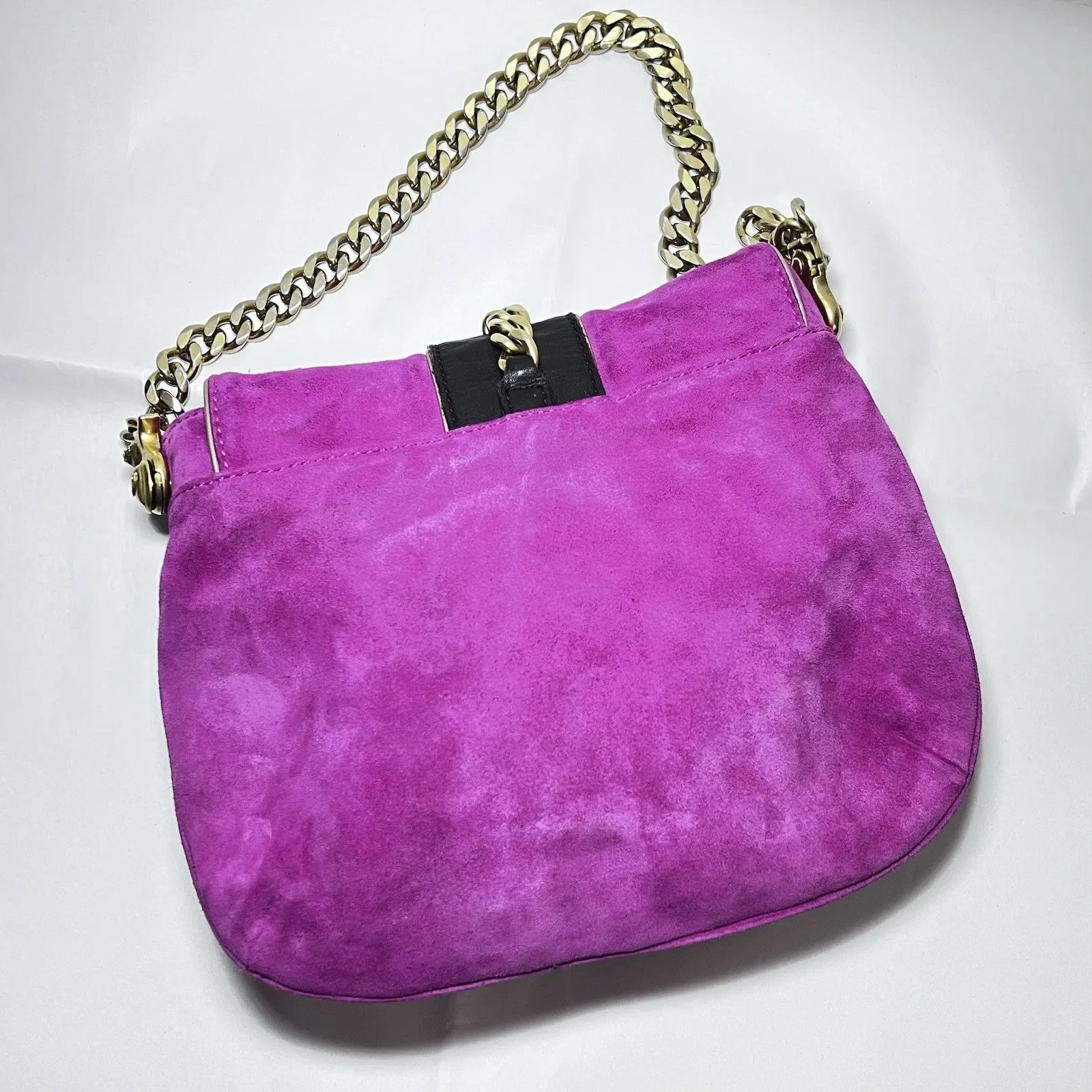Vintage Y2K Juicy Couture Fuchsia Suede Bag Gold Chain Strap Rhinestone Heart - Image 2