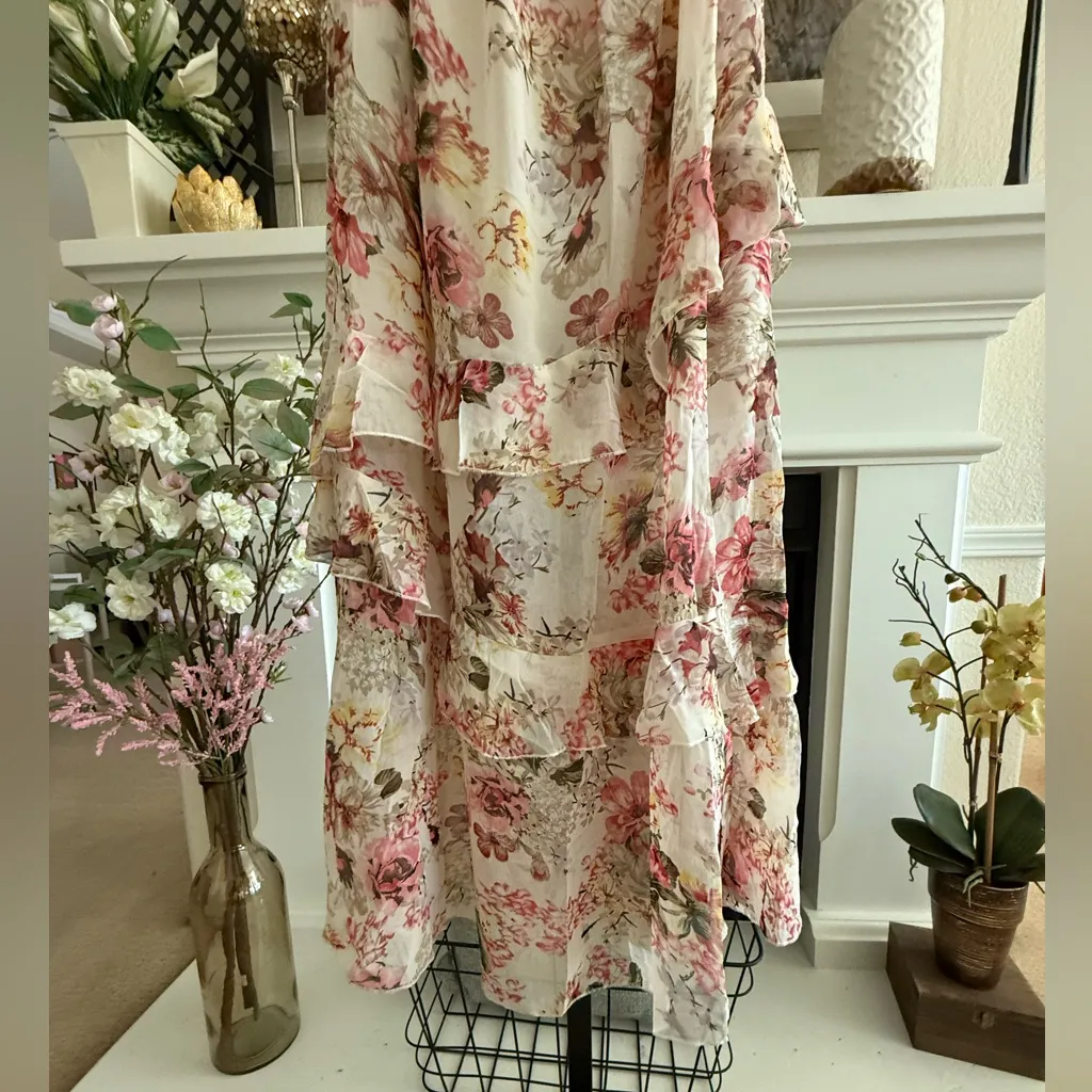 Cottagecore Puff Sleeve Babydoll Midi Dress Small Cream Pink Floral Milkmaid - Image 7