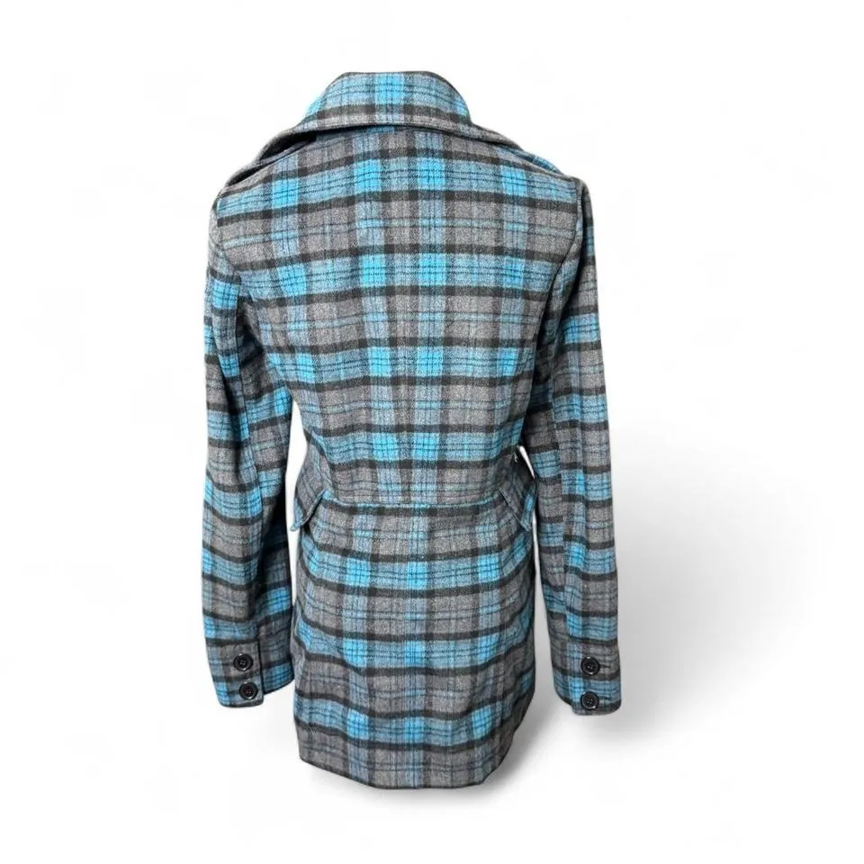Jou Jou Blue Grey and Black Plaid Peacoat Alt Emo Grunge Indie Sleaze Size Small - Image 4