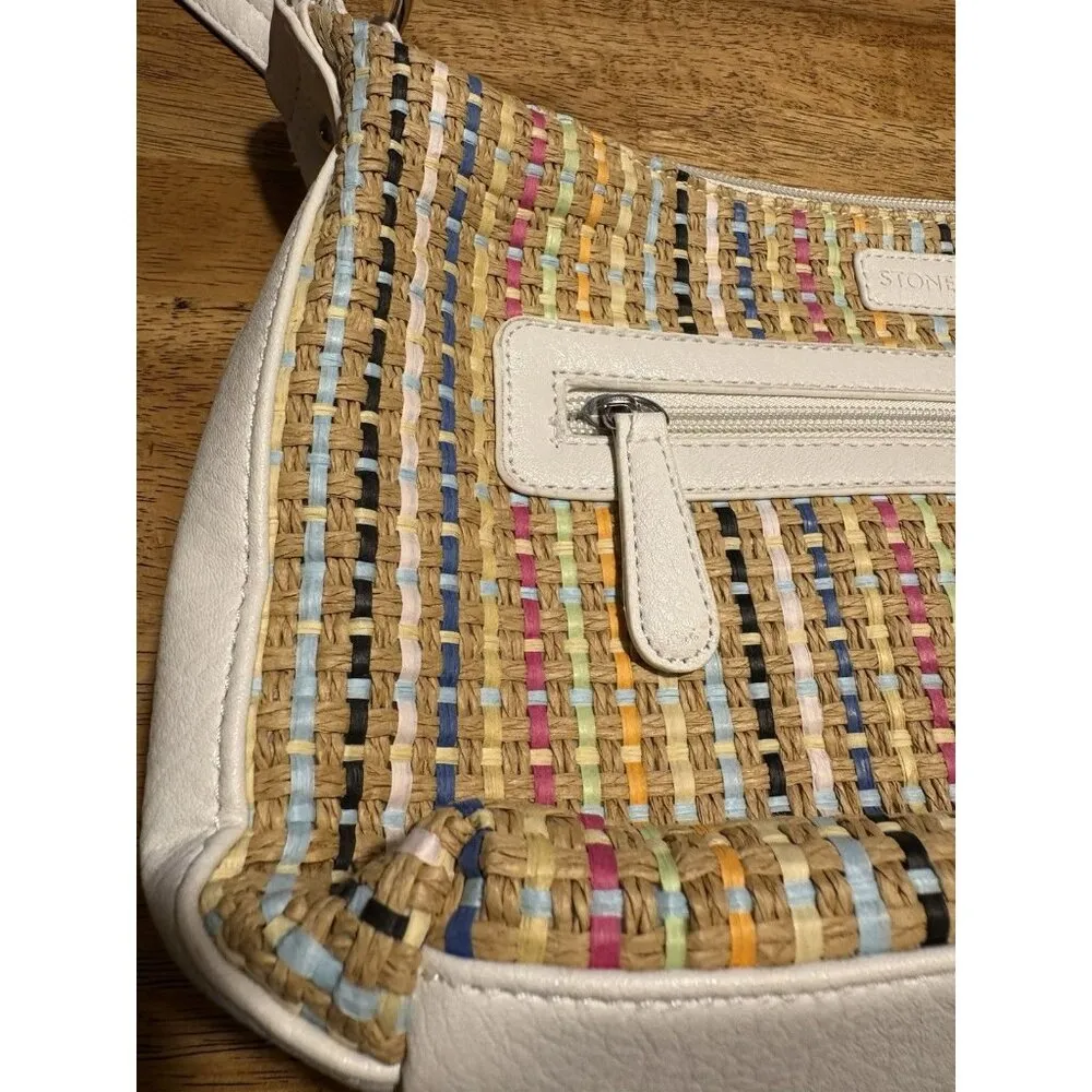 STONE & CO. Shoulder Bag White Faux Leather Multicolor Woven Straw Purse Boho - Image 10