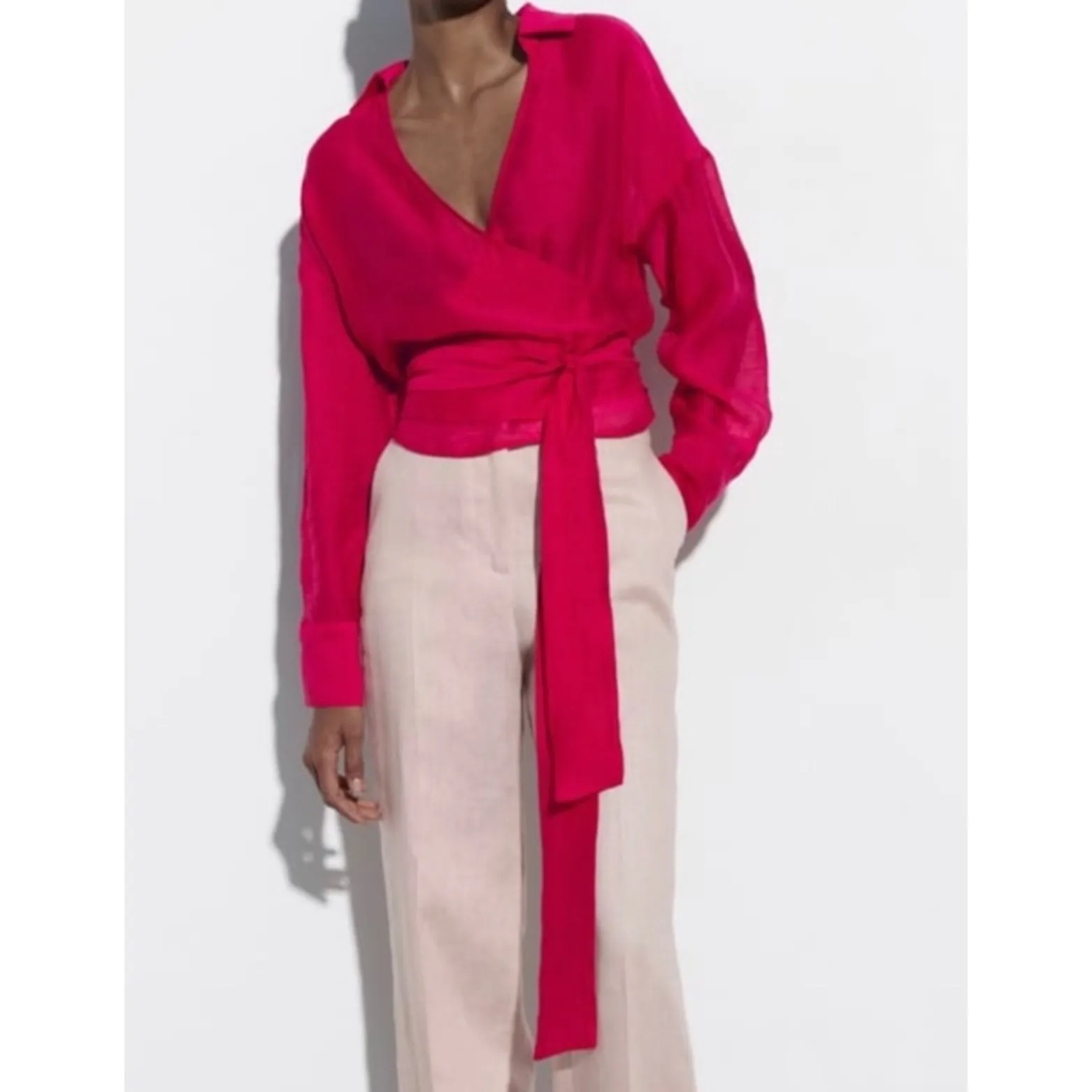 Zara‎ Hot Pink Semi-Sheer Collared Wrap Top Sz S Ballet Fairy Feminine Gypsy - Image 2