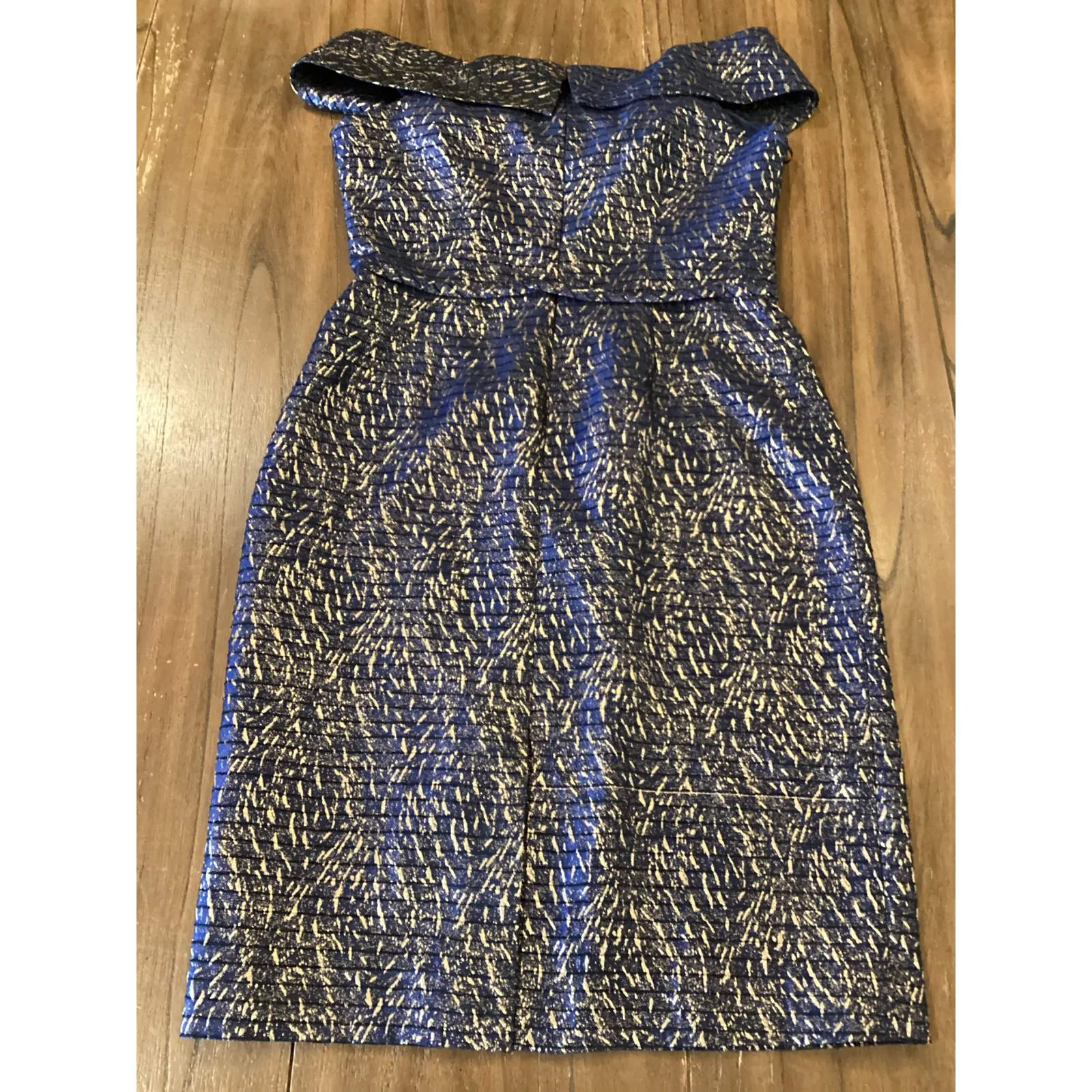 Teri Jon by Rickie Freeman Jaquard Stripe Off the Shoulder Sheath midi Dress 10 Blue - Image 5