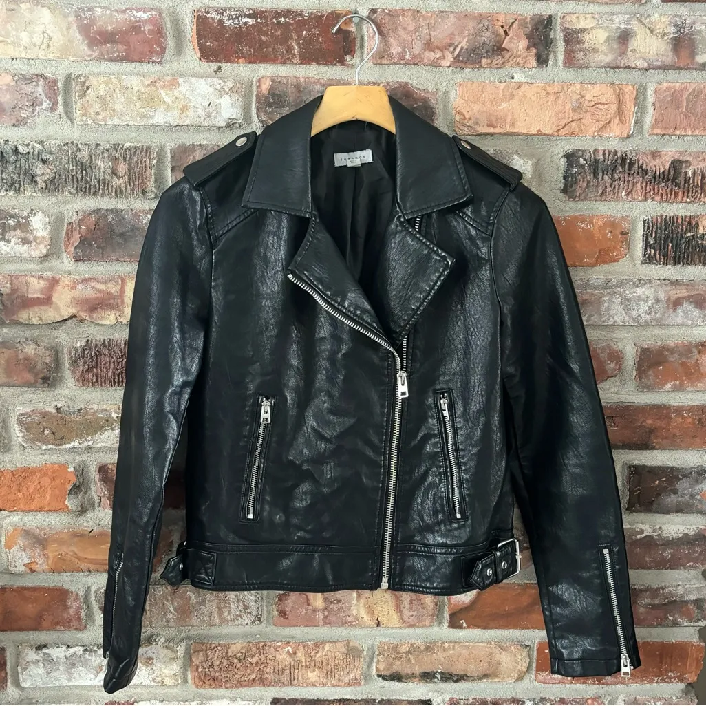 Topshop Black Faux Leather Moto Jacket, 6 - Image 2