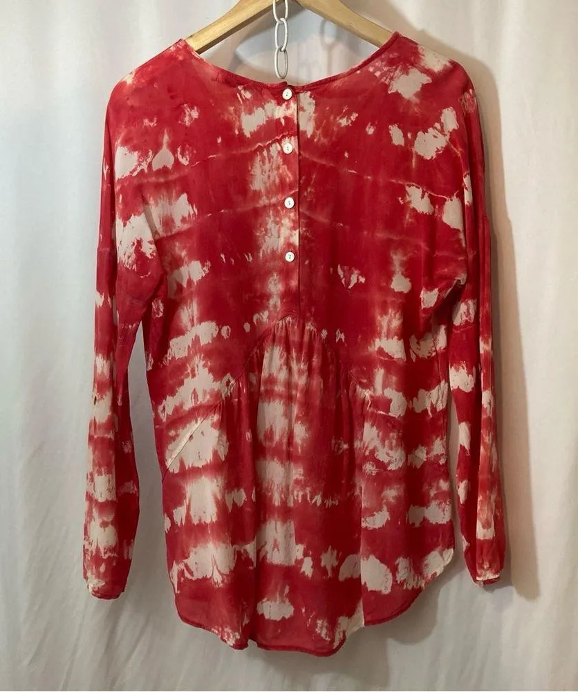 Red Haute 100% Silk Red and White Tie Dye Long Sleeve Button Back Blouse Top - Image 7