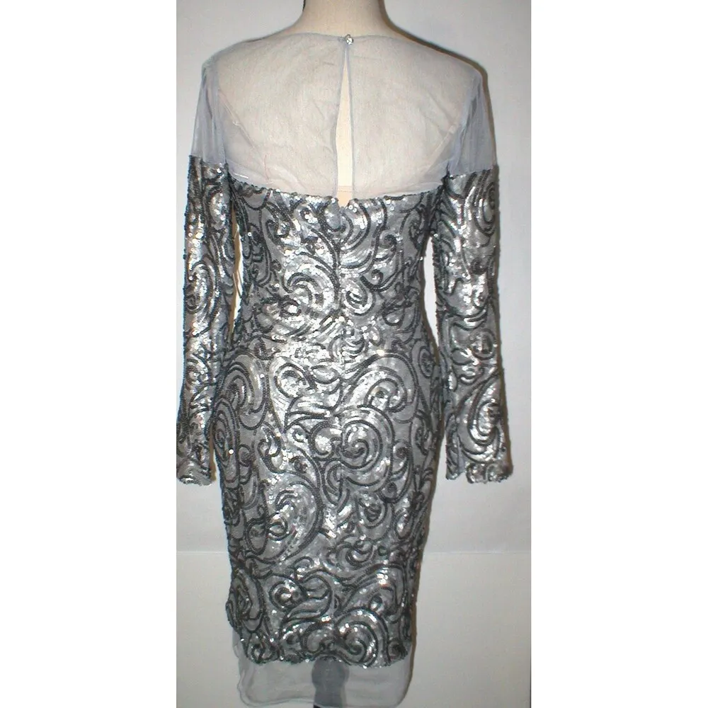 New NWT Designer Silver Badgley Mischka Womens 2 Metallic Sequin Cocktail Dress - Image 2