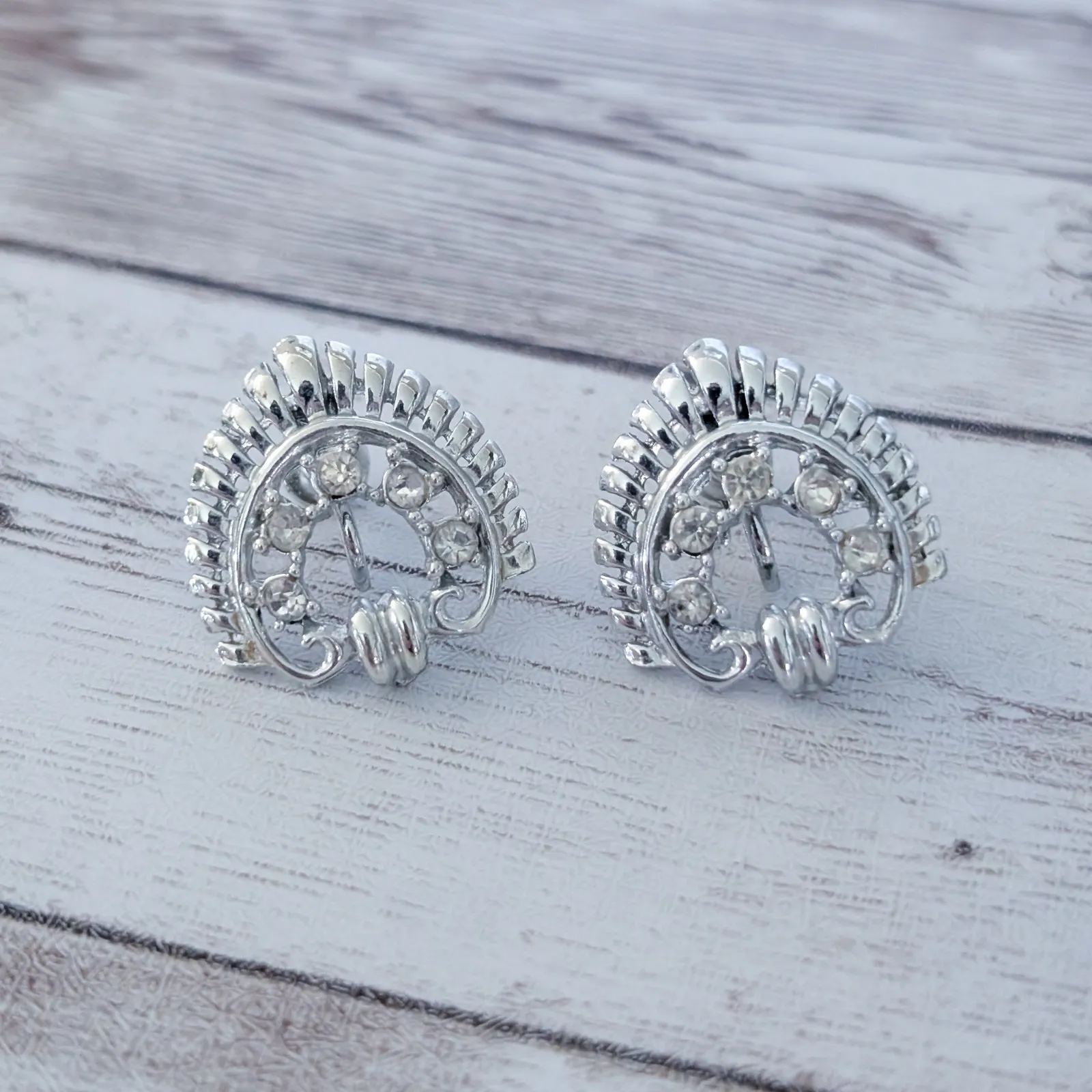 Vintage Screw On Earrings Statement Silver Tone & Clear Gem - Image 2