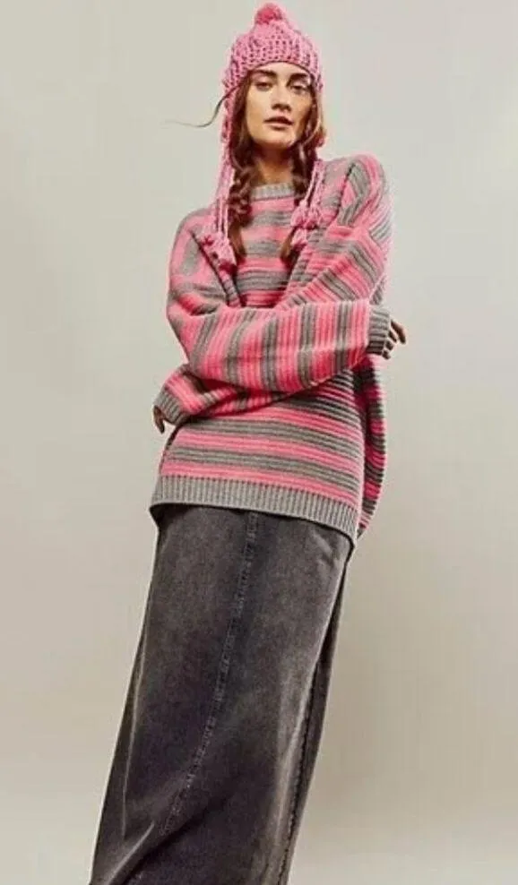 NWOT Free People Links Pullover XS Pink Gray Striped Sweater Rib Knit Oversized - Image 3