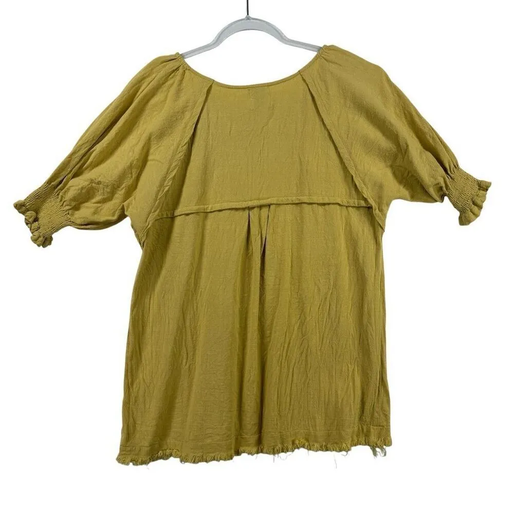 ShopTheMint Women M Yellow Boho Smocked Short Sleeve Linen Blouse Fall‎ Layering - Image 2