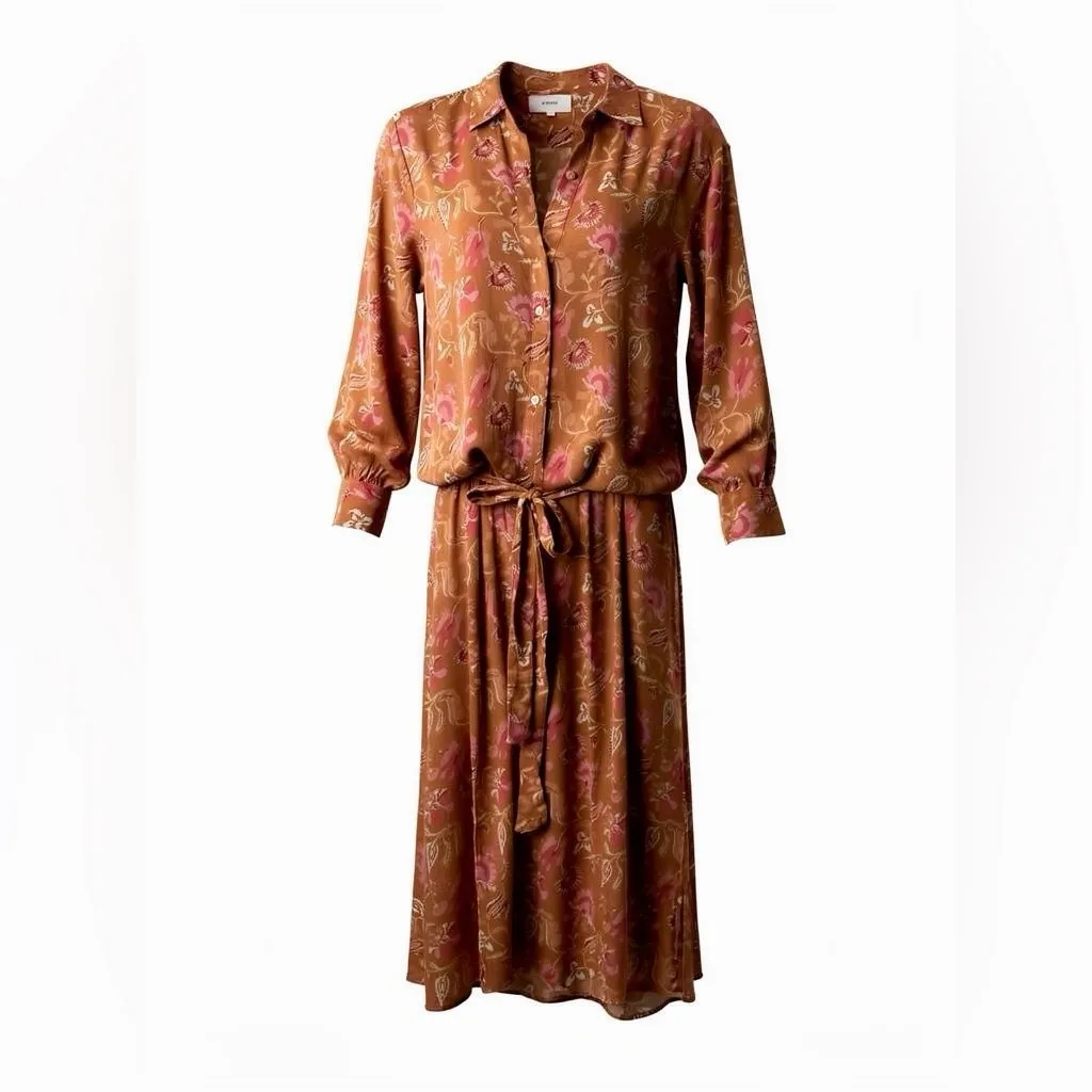 XIRENA Brown Yellow Floral Fall Long Sleeve Button Down Maxi Dress Sz M Orange Size M - Image 3