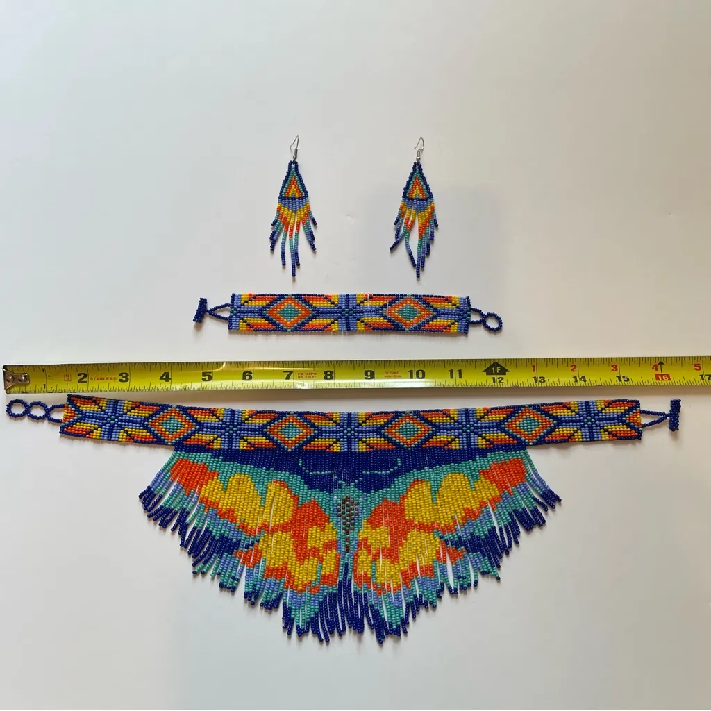 Vibrant Blue and Yellow butterfly Beaded Necklace with bracelet & earrings Set - Image 3